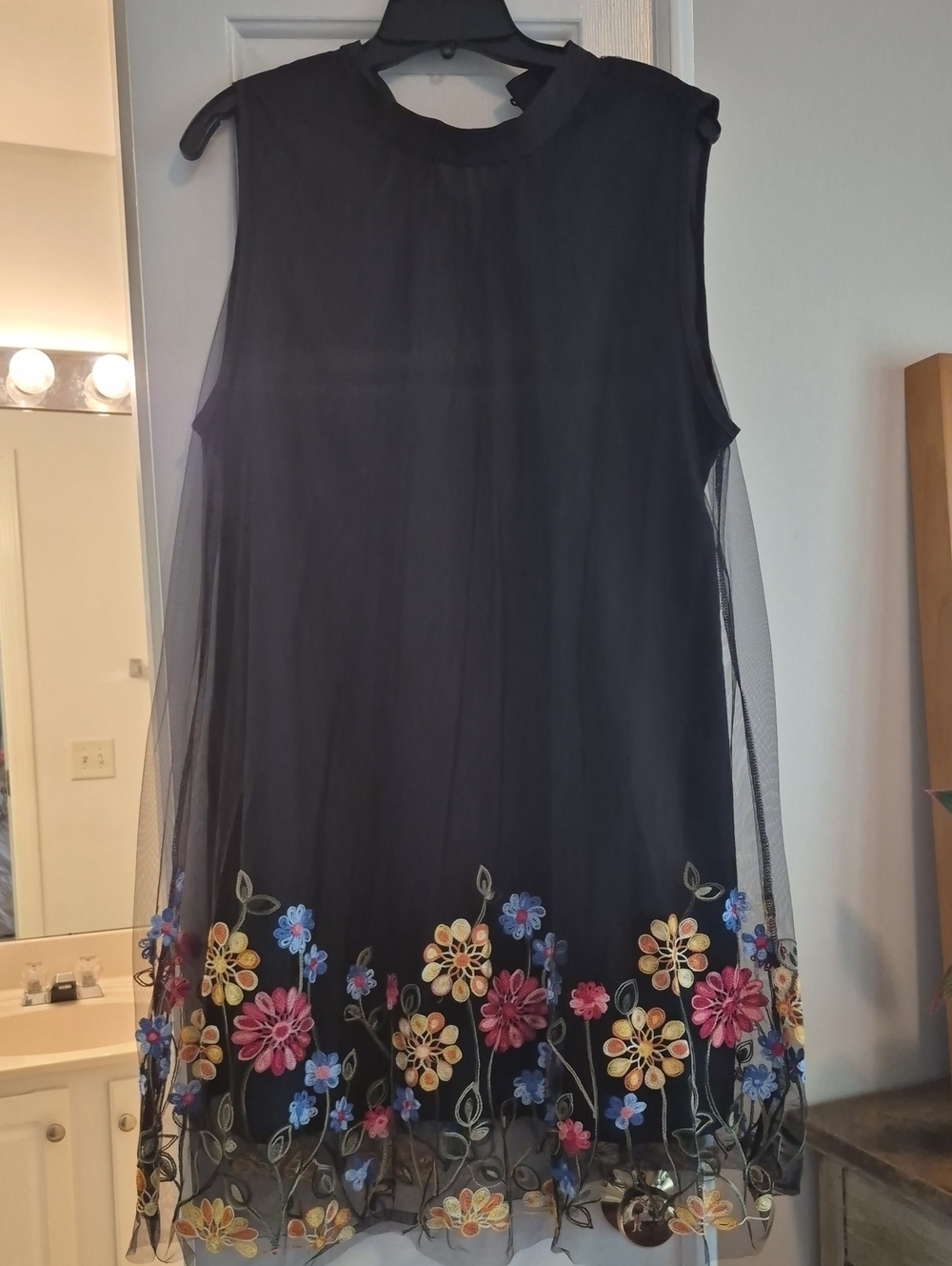 Black Sleeveless Mini Dress with Multicolor Floral Embroidery